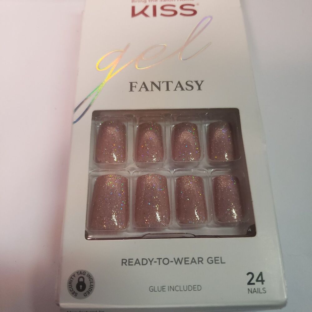 NIB KISS Gel Fantasy Press On Nails 24 Count Pink Glitter Medium